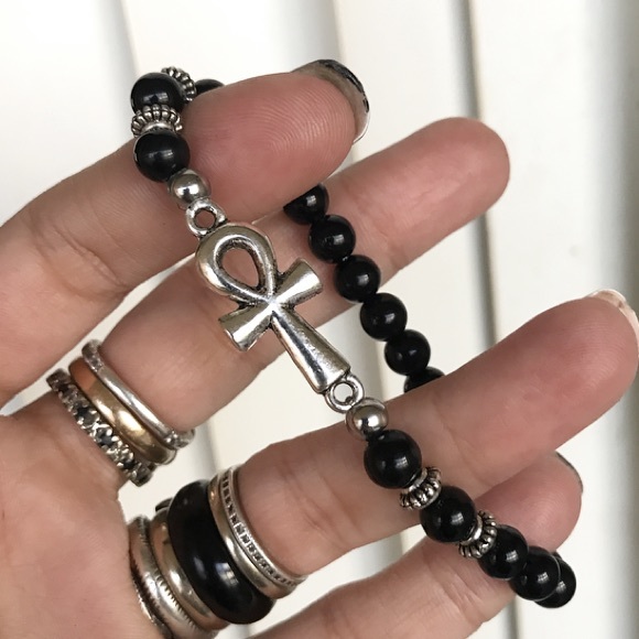 Genuine shinny onyx silver plated ankh bracelet - Picture 7 of 9